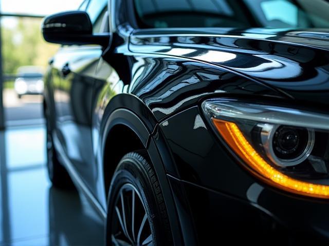 Kondisi sesudah layanan cuci eksterior mobil SUV berwarna hitam, tampak mengkilap dan bersih