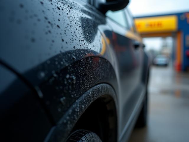 Kondisi sebelum layanan cuci eksterior mobil SUV berwarna hitam
